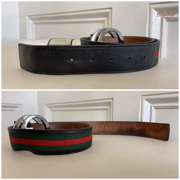 Authentic Gucci Web Canvas Black Leather Silver Interlocking G Buckle Belt 85/34 - Picture 11 of 12